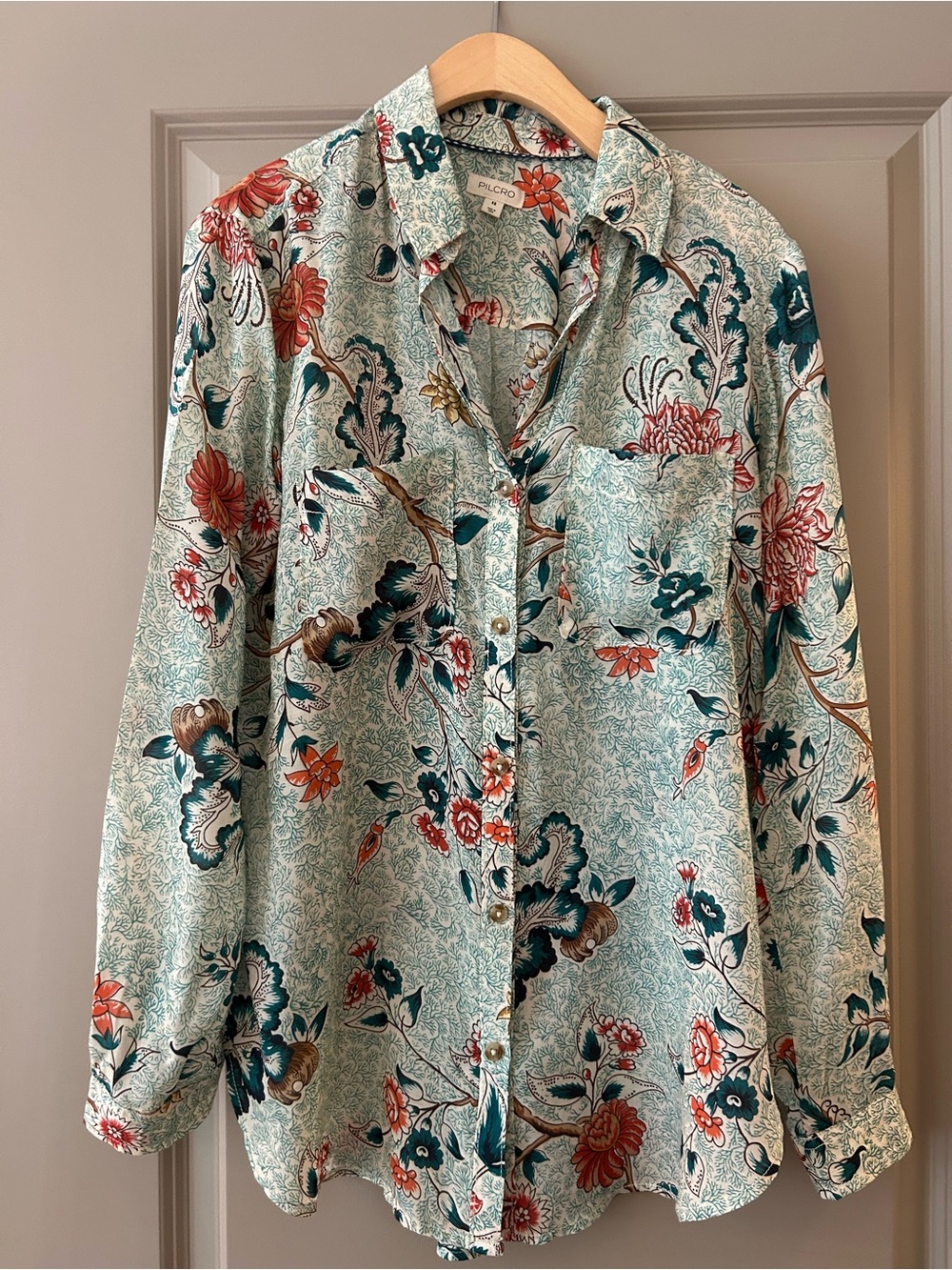 Pilcro Floral Button-Front Shirt in Teal & Coral